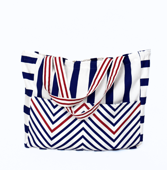 beach bag with navy fabric print